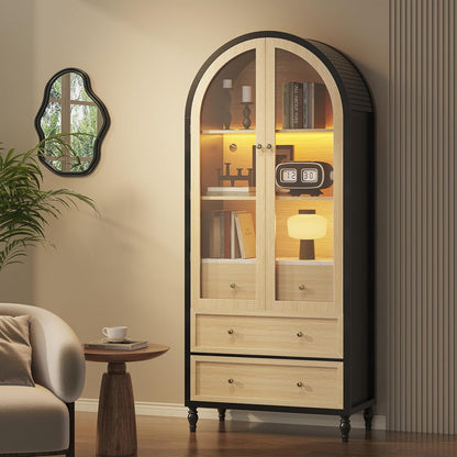 73 Inch Tall Arched Cabinet with Doors, Arched Storage Cabinet, Black-Oak Kitchen Pantry, LED Lighted Display Case, Boho Arch Bookshelf for Kitchen Dining Room Living Room, Black