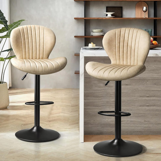 Bar Stools Set of 2,Adjustable Swivel Counter Height Bar Stools with Back & Footrest,Modern Design Bar Chairs,Faux Leather Upholstered Barstools for Bar,Kitchen,Dining Room (Beige, Set of 2)