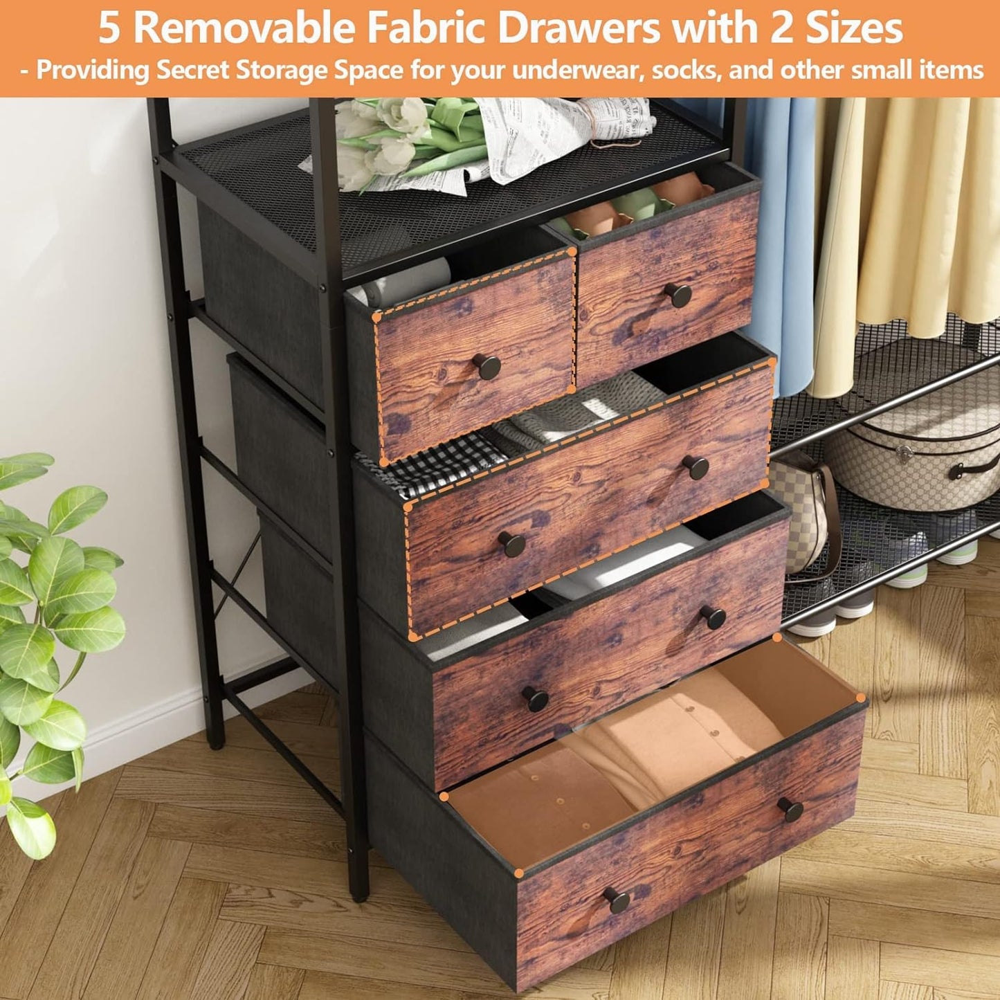 Heavy Duty Clothes Rack with 5 Drawers & 4 Storage Shelves, 70.9Hx59.1W Clothing Rack with 2 Hanging Rods, Wardrobe Closet Rack with 5 Hooks, Freestanding Garment Rack (Rustic Brown)