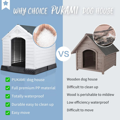 42 inch Plastic Dog House Outdoor Indoor for Small Medium Large Dogs,Waterproof Dog Houses with Elevated Floor and Air Vents,Durable Ventilate & Easy Clean and Assemble