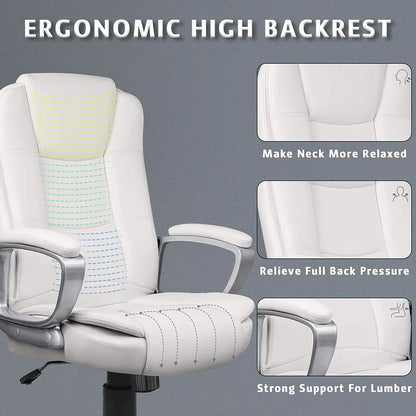 Big and Tall Office Chair Computer Desk Chair - Ergonomic High Back Lumbar Support Home Office Chair with Padded Flip-up Arms, Adjustable Height Leather Office Executive Chair (White)