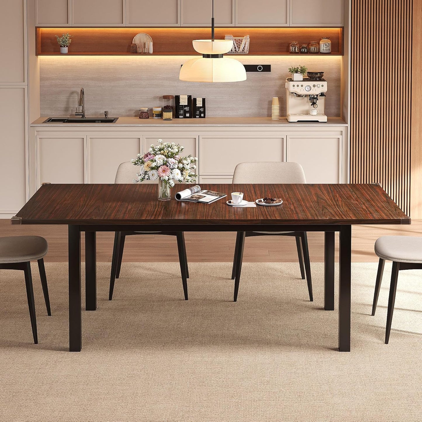 Extendable Dining Table for 4-6, 63" Modern Kitchen Table, Farmhouse Dining Room Tables for Dining, Kitchen, Office, Living Room, Rectangular Wooden Tables, Space Saving (Espresso)