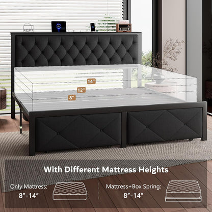 King Bed Frame with 2 Storage Drawers, Linen Upholstered Headboard Platform Bed with Charging Station, No Box Spring Needed, Metal Slats Support, Noise-Free, Easy Assembly, Black