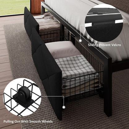 King Bed Frame with 2 Storage Drawers, Linen Upholstered Headboard Platform Bed with Charging Station, No Box Spring Needed, Metal Slats Support, Noise-Free, Easy Assembly, Black