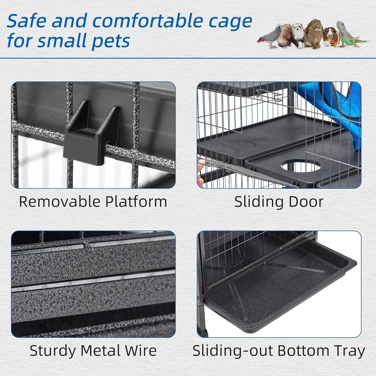 45''H Metal Small Animal Cages, Rolling Chinchilla Cage with Removable Ramps, Lagre Critter Nation Cage for Chinchillas/Guinea Pigs/Rabbit, Ferret Cages with Hammock & 4 Tiers, Black