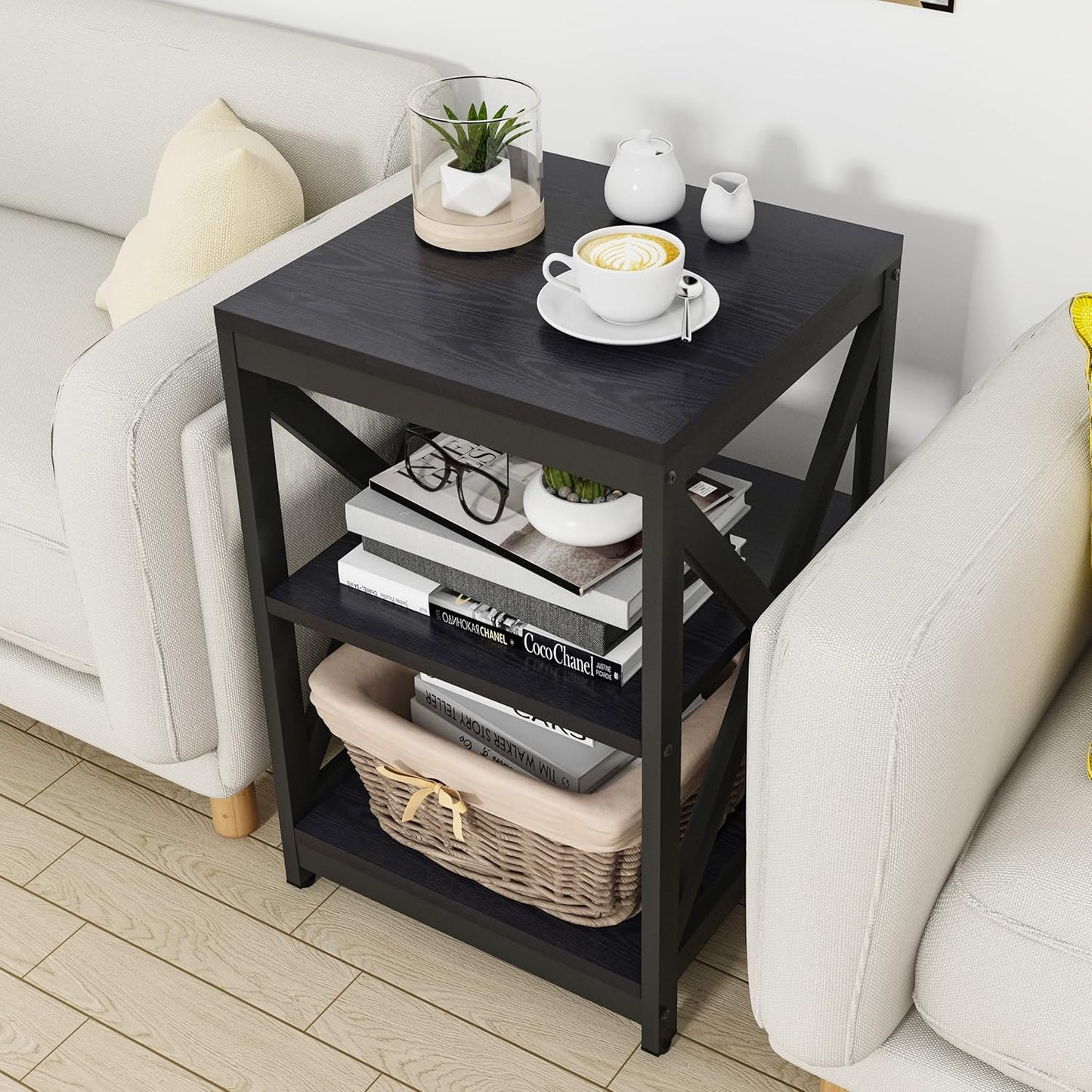 Living Room Coffee Table Set of 3, Industrial X-Design Coffee Table and 2 End Side Tables, 3 Piece Living Room Table Set with Large Storage for Apartment Home (Black)