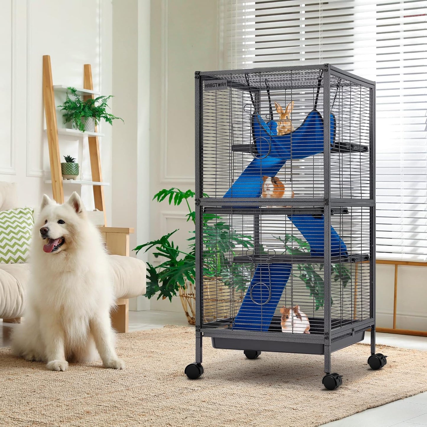 45''H Metal Small Animal Cages, Rolling Chinchilla Cage with Removable Ramps, Lagre Critter Nation Cage for Chinchillas/Guinea Pigs/Rabbit, Ferret Cages with Hammock & 4 Tiers, Black