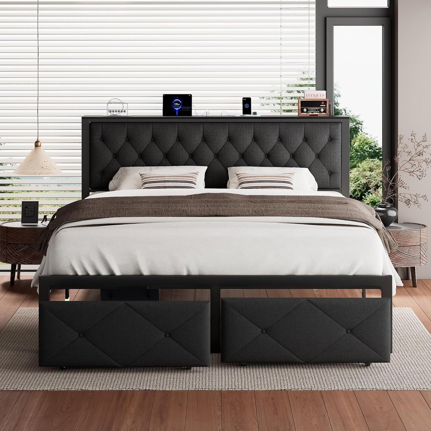 King Bed Frame with 2 Storage Drawers, Linen Upholstered Headboard Platform Bed with Charging Station, No Box Spring Needed, Metal Slats Support, Noise-Free, Easy Assembly, Black