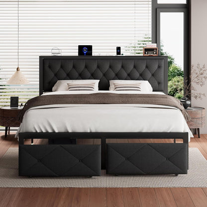 King Bed Frame with 2 Storage Drawers, Linen Upholstered Headboard Platform Bed with Charging Station, No Box Spring Needed, Metal Slats Support, Noise-Free, Easy Assembly, Black