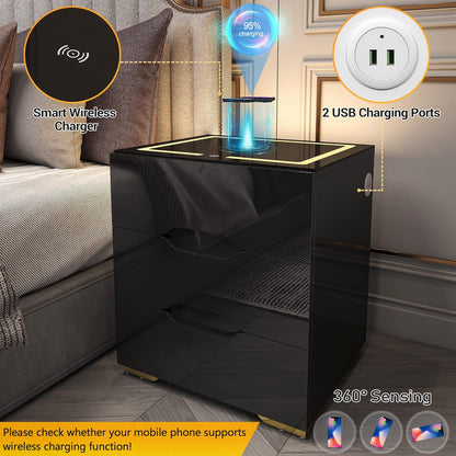 Black Smart Nightstand with Wireless Charging Station & USB Charging, High Gloss Smart Bedside Table with Adjustable LED Lights, End Table Organizer for Bedroom Living Room Office Use