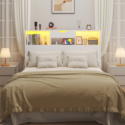 Full/Queen Headboard with Storage Shelf and Drawers, Morden White Headboard with Charging Station & LED Lights, Wood Deep Bookcase Headboards for Bedroom, 2 Tiers Storage, White