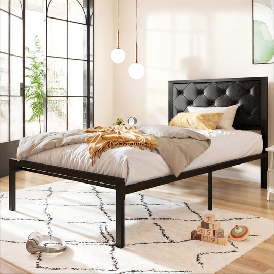 Twin Platform Bed Frame with Diamond Stitched Tufted Faux Leather Upholstered Headboard, Black