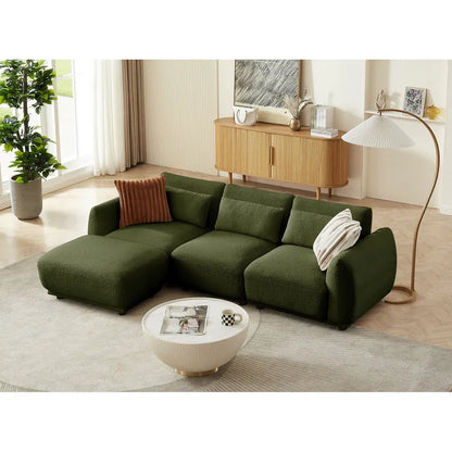 102" Modern Teddy Fabric L-Shaped Sofa, Coil Spring Seat, Off White / Black / Green