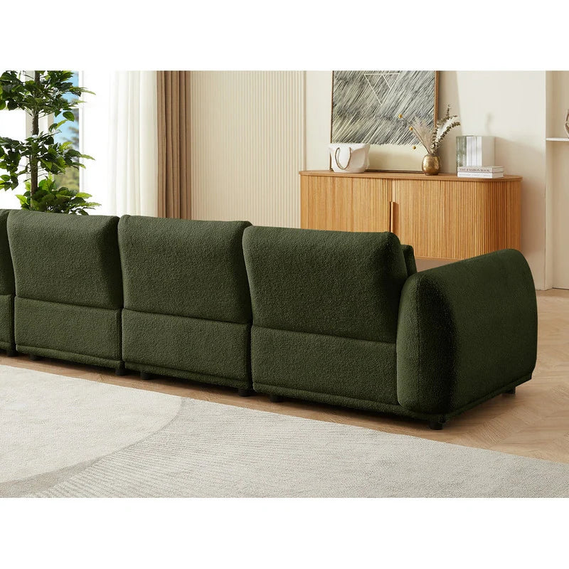 102" Modern Teddy Fabric L-Shaped Sofa, Coil Spring Seat, Off White / Black / Green