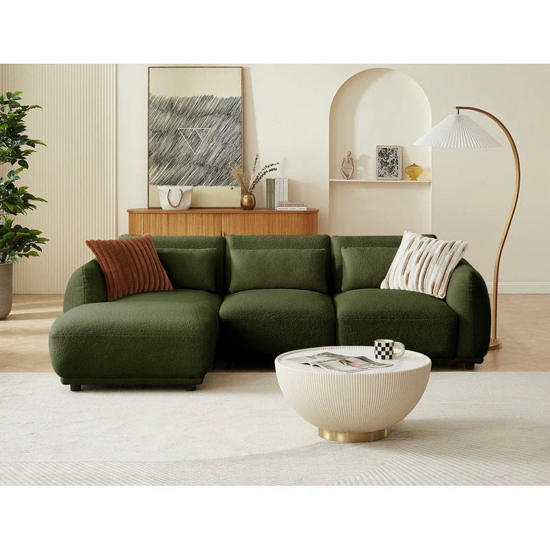 102" Modern Teddy Fabric L-Shaped Sofa, Coil Spring Seat, Off White / Black / Green