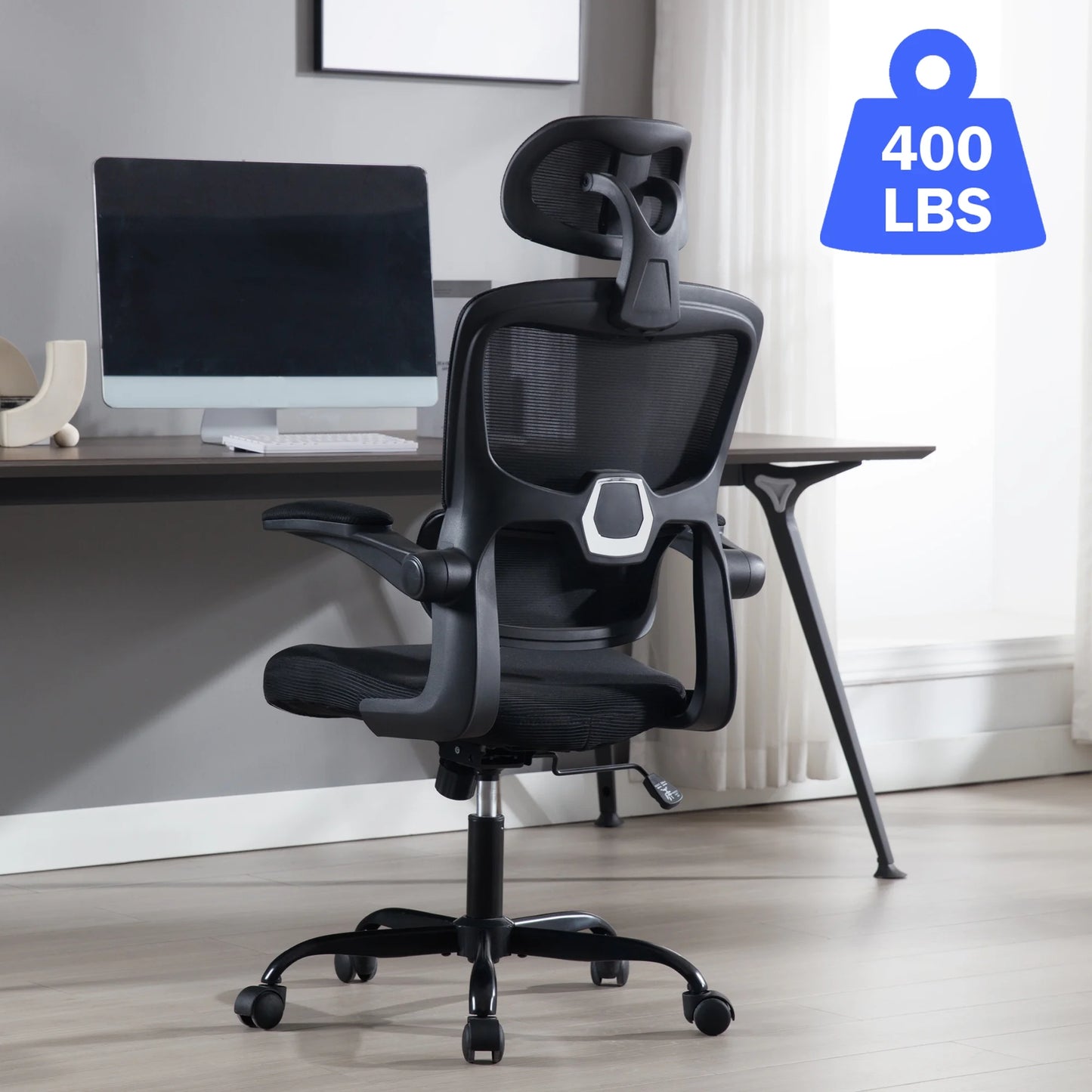 Office Chair, High Back Ergonomic Desk Chair, Mesh Desk Chair with Lumbar Support, headrest and Flip-up Armrests, 400lb, Black