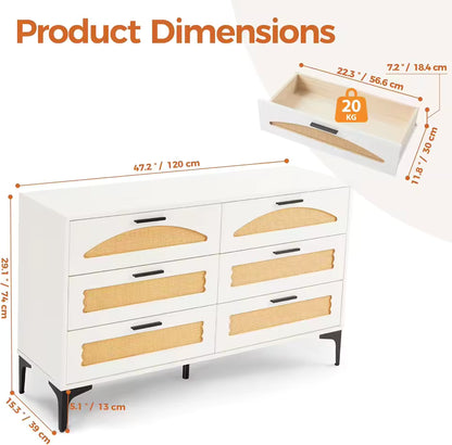 6 Drawer Boho Dresser Wood Rattan Storage Cabinet w/ Metal Legs Bedroom TV Stand