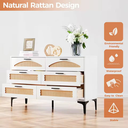 6 Drawer Boho Dresser Wood Rattan Storage Cabinet w/ Metal Legs Bedroom TV Stand
