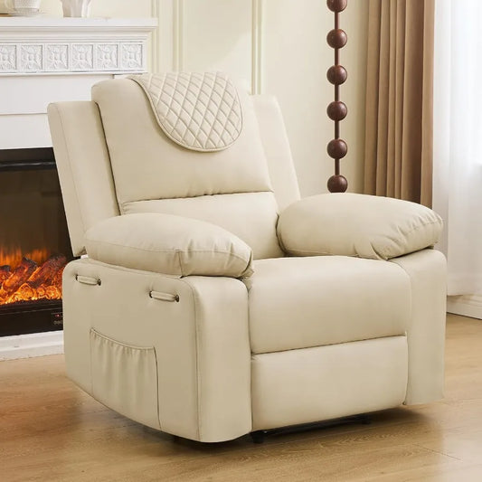 Manual Recliner Chair 135° Adjustable with Heating Massage Side Pockets Beige