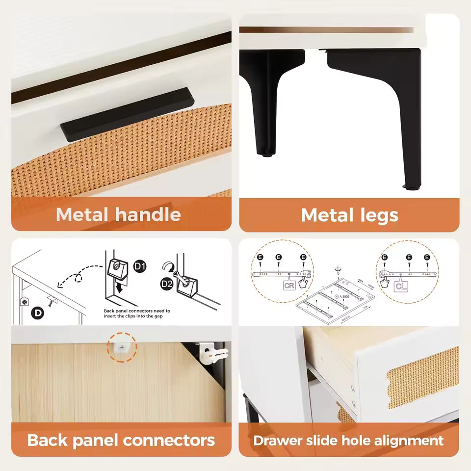 6 Drawer Boho Dresser Wood Rattan Storage Cabinet w/ Metal Legs Bedroom TV Stand