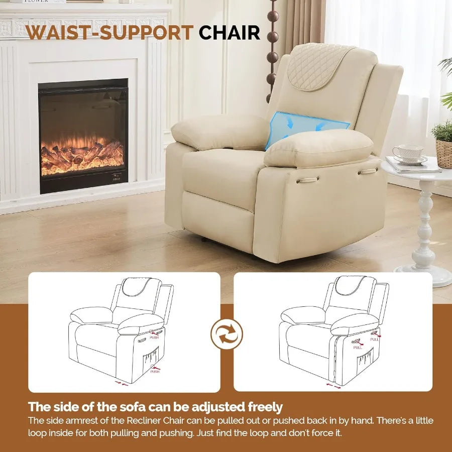 Manual Recliner Chair 135° Adjustable with Heating Massage Side Pockets Beige