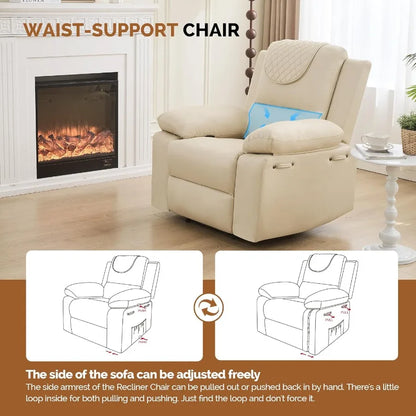 Manual Recliner Chair 135° Adjustable with Heating Massage Side Pockets Beige