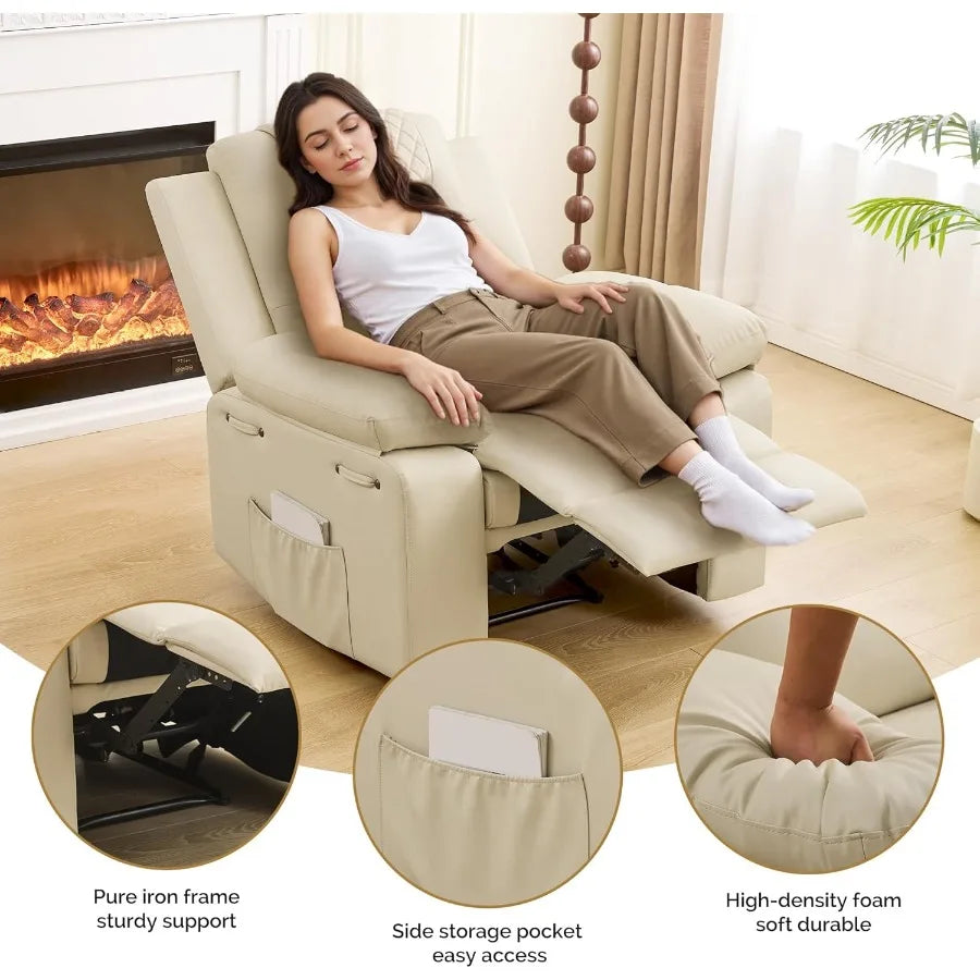 Manual Recliner Chair 135° Adjustable with Heating Massage Side Pockets Beige
