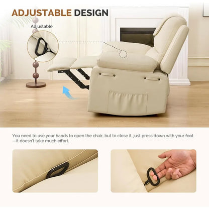 Manual Recliner Chair 135° Adjustable with Heating Massage Side Pockets Beige
