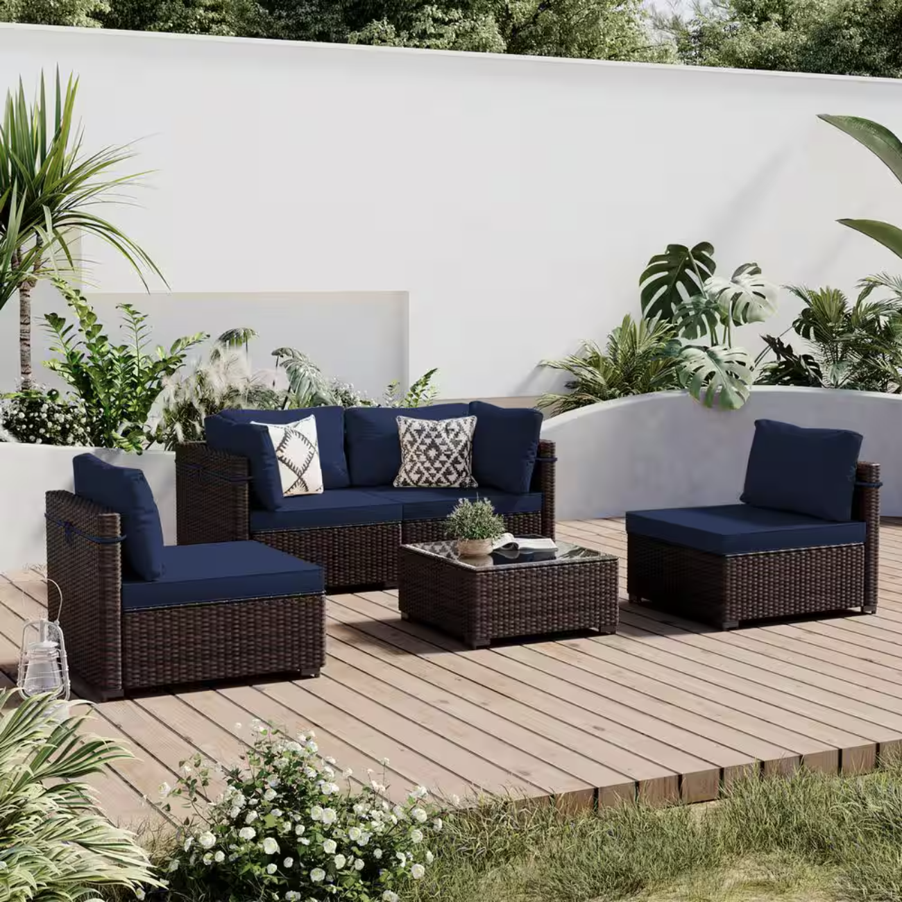 Wicker Patio Conversation Seating Set with Navy Blue Cushions