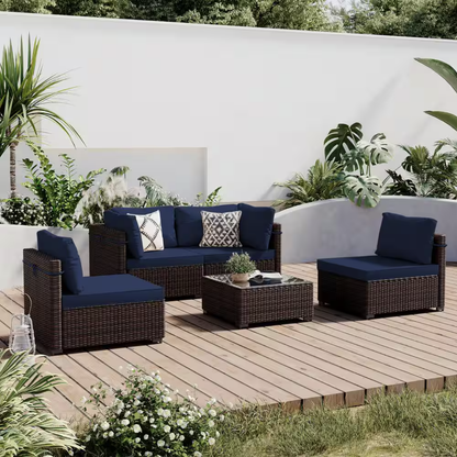 Wicker Patio Conversation Seating Set with Navy Blue Cushions