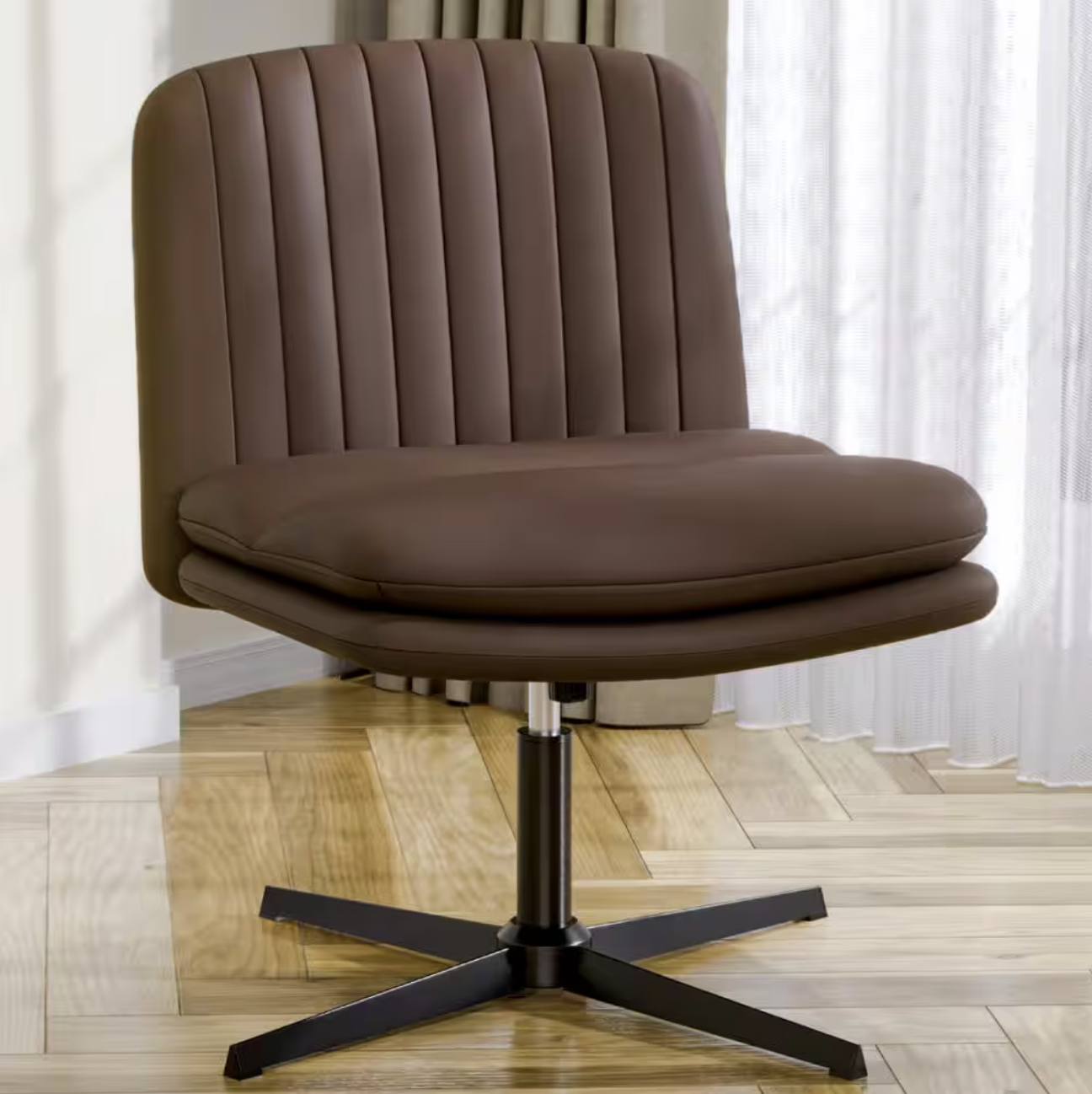 PU Leather Armless Office Desk Chair No Wheels,Criss Cross Legged Wide Padded Seat Swivel Vanity Chair,120°Rocking Mid Back Ergonomic Computer Task Chair for Make Up,Small Space