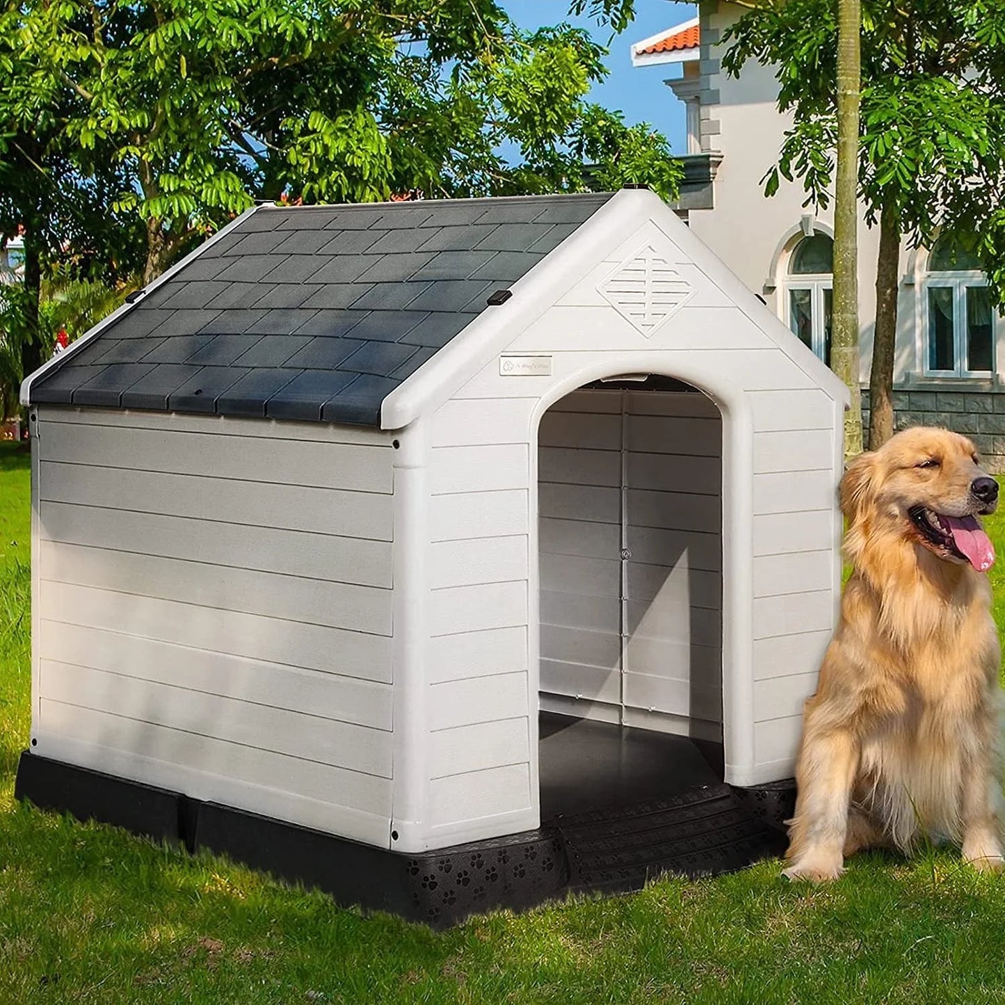 34Inch Large Plastic Dog House - Waterproof Dog Kennel with Air Vents and Elevated Floor All Weather Indoor Outdoor Insulated Doghouse Puppy Shelter Easy to Assemble