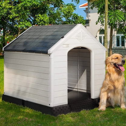 34Inch Large Plastic Dog House - Waterproof Dog Kennel with Air Vents and Elevated Floor All Weather Indoor Outdoor Insulated Doghouse Puppy Shelter Easy to Assemble