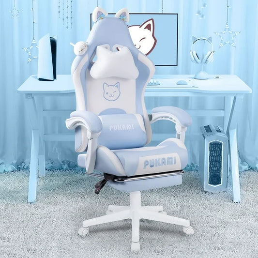 Gaming Chair with Cat Paw Lumbar Cushion and Cat Ears for Girls, Reclining Office Computer Chair with Footrest for Adults, Teens