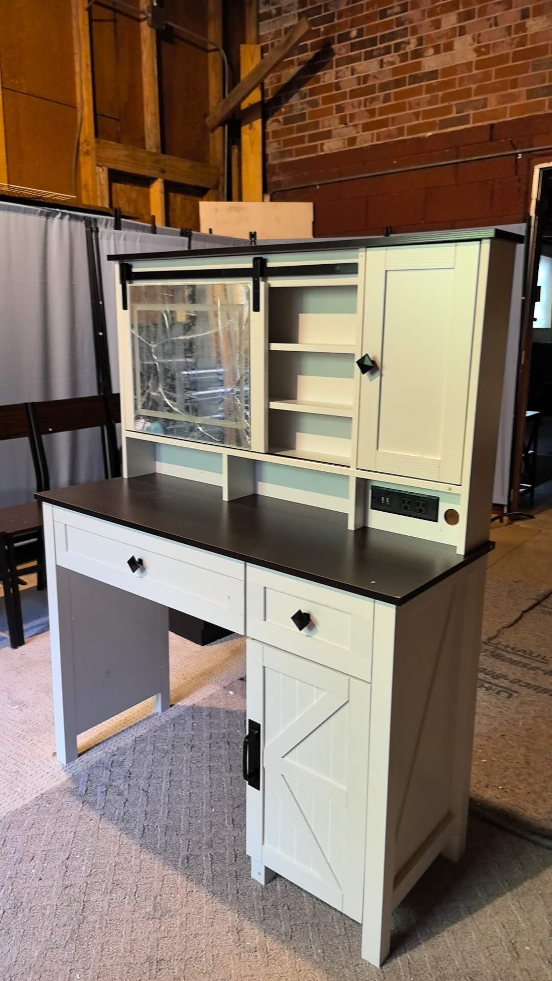 42" Farmhouse Makeup Vanity Desk with Lighted Mirror & Power Strips, Vanity Table with Sliding Barn Door, Open & Hidden Shelves, Drawers, Jewelry Cabinet, White Dressing Table, Light