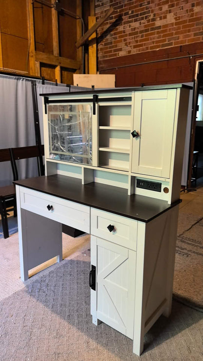 42" Farmhouse Makeup Vanity Desk with Lighted Mirror & Power Strips, Vanity Table with Sliding Barn Door, Open & Hidden Shelves, Drawers, Jewelry Cabinet, White Dressing Table, Light