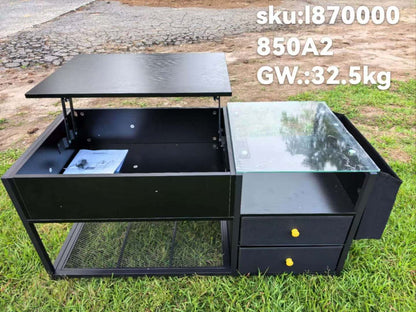 Lift Top Coffee Table with LED Light & Power Outlet, Retro Coffee Tables with Storage Drawers Hidden Compartment, Centre Table with Tempered Glass Top, Side Bag for Living Room (Black)