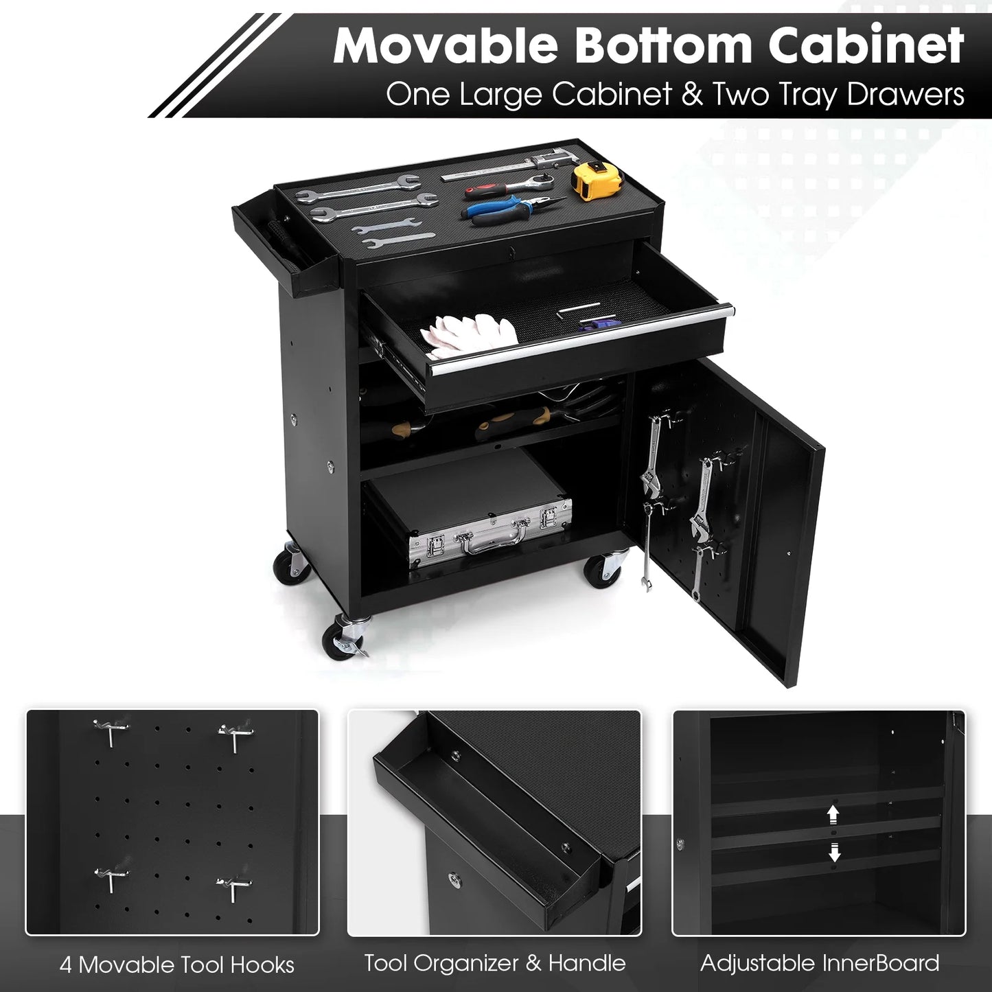 5-Drawer Rolling Tool Chest with Detachable Box, Lockable Wheels & 4 Hooks, Black