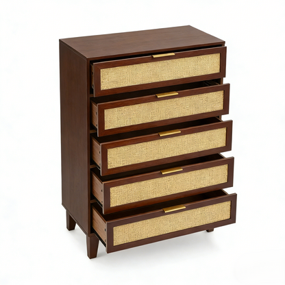 5-Drawer Rattan Dresser Chest, Wood Storage Cabinet for Bedroom Living Room