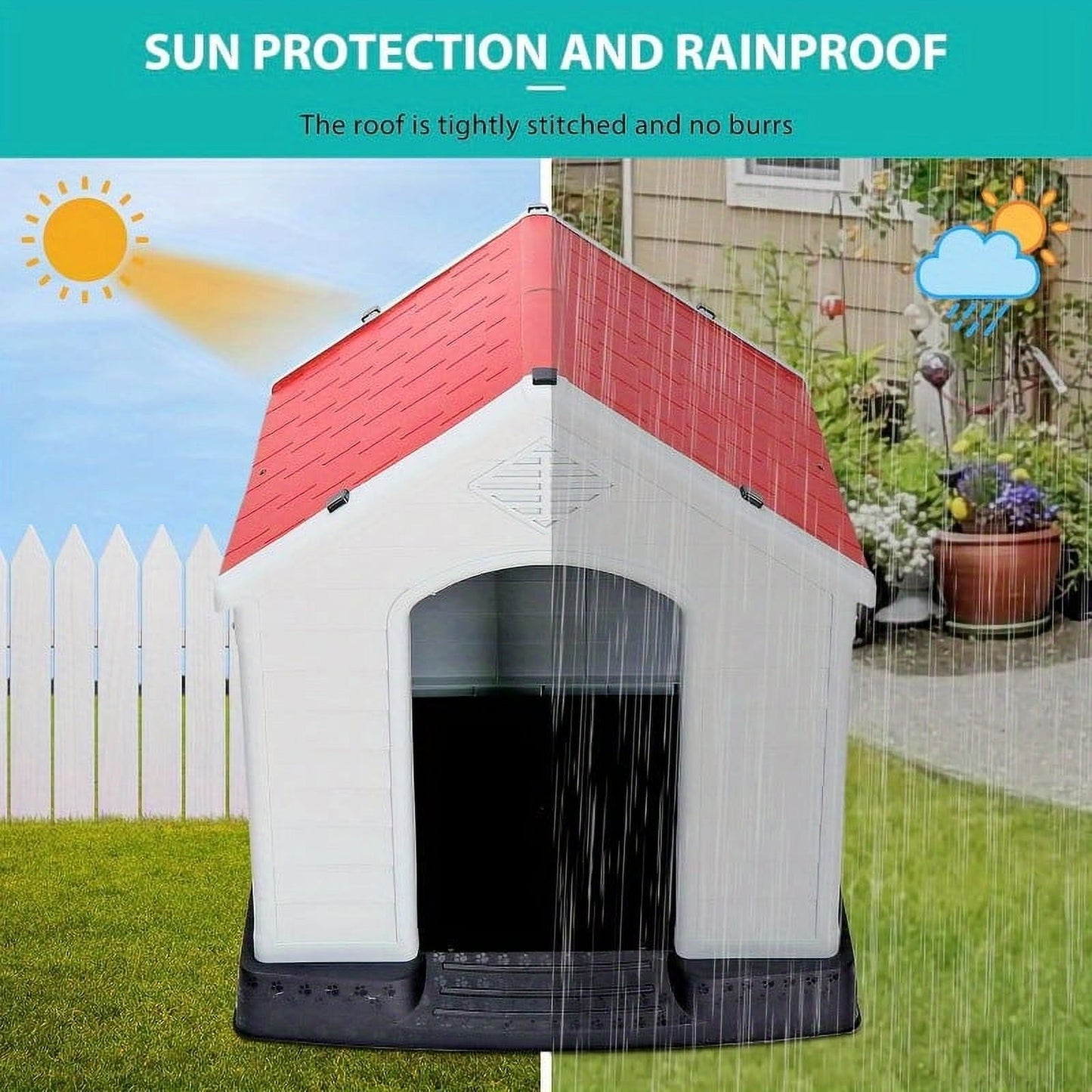34Inch Large Plastic Dog House - Waterproof Dog Kennel with Air Vents and Elevated Floor All Weather Indoor Outdoor Insulated Doghouse Puppy Shelter Easy to Assemble