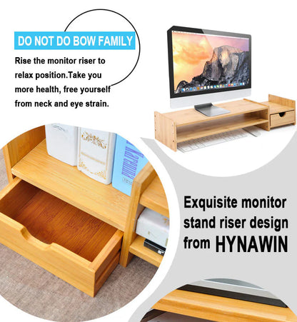 Monitor Stand Riser Desk Organizer-Bamboo 2 Tier Laptop Stand With Drawers