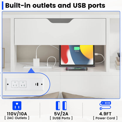 Full/Queen Headboard with Storage Shelf and Drawers, Morden White Headboard with Charging Station & LED Lights, Wood Deep Bookcase Headboards for Bedroom, 2 Tiers Storage, White