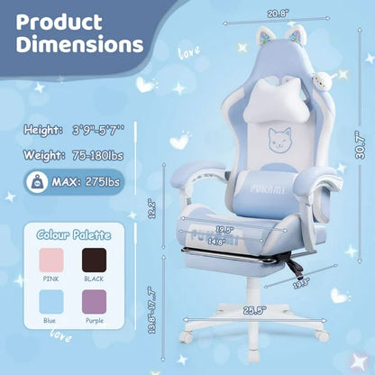 Gaming Chair with Cat Paw Lumbar Cushion and Cat Ears for Girls, Reclining Office Computer Chair with Footrest for Adults, Teens