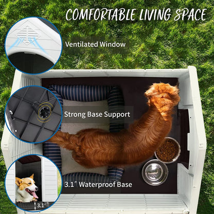 42 inch Plastic Dog House Outdoor Indoor for Small Medium Large Dogs,Waterproof Dog Houses with Elevated Floor and Air Vents,Durable Ventilate & Easy Clean and Assemble