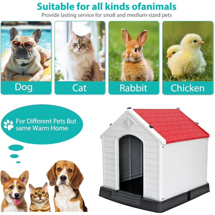 34Inch Large Plastic Dog House - Waterproof Dog Kennel with Air Vents and Elevated Floor All Weather Indoor Outdoor Insulated Doghouse Puppy Shelter Easy to Assemble