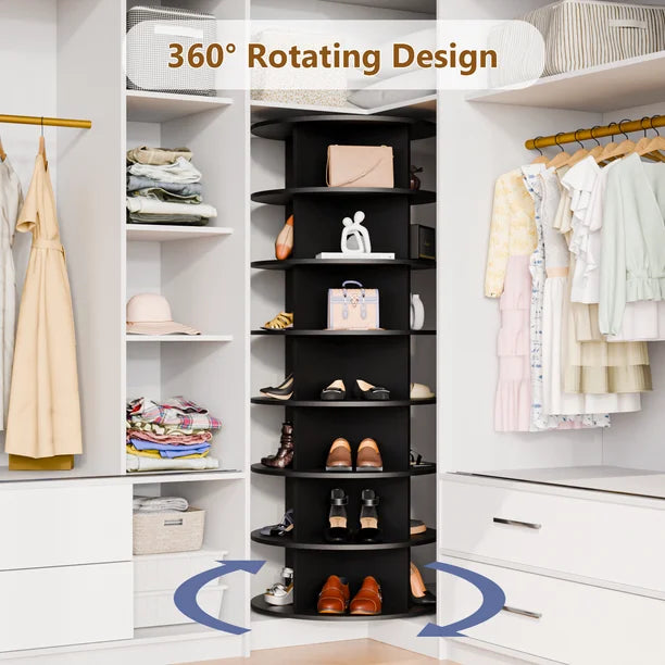 7 Tier Rotating Shoe Rack Tower, 360° Spinning Shoe Display Lazy Susan, Free Standing Shoe Organizer, Black