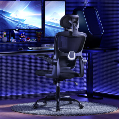 Office Chair, High Back Ergonomic Desk Chair, Mesh Desk Chair with Lumbar Support, headrest and Flip-up Armrests, 400lb, Black