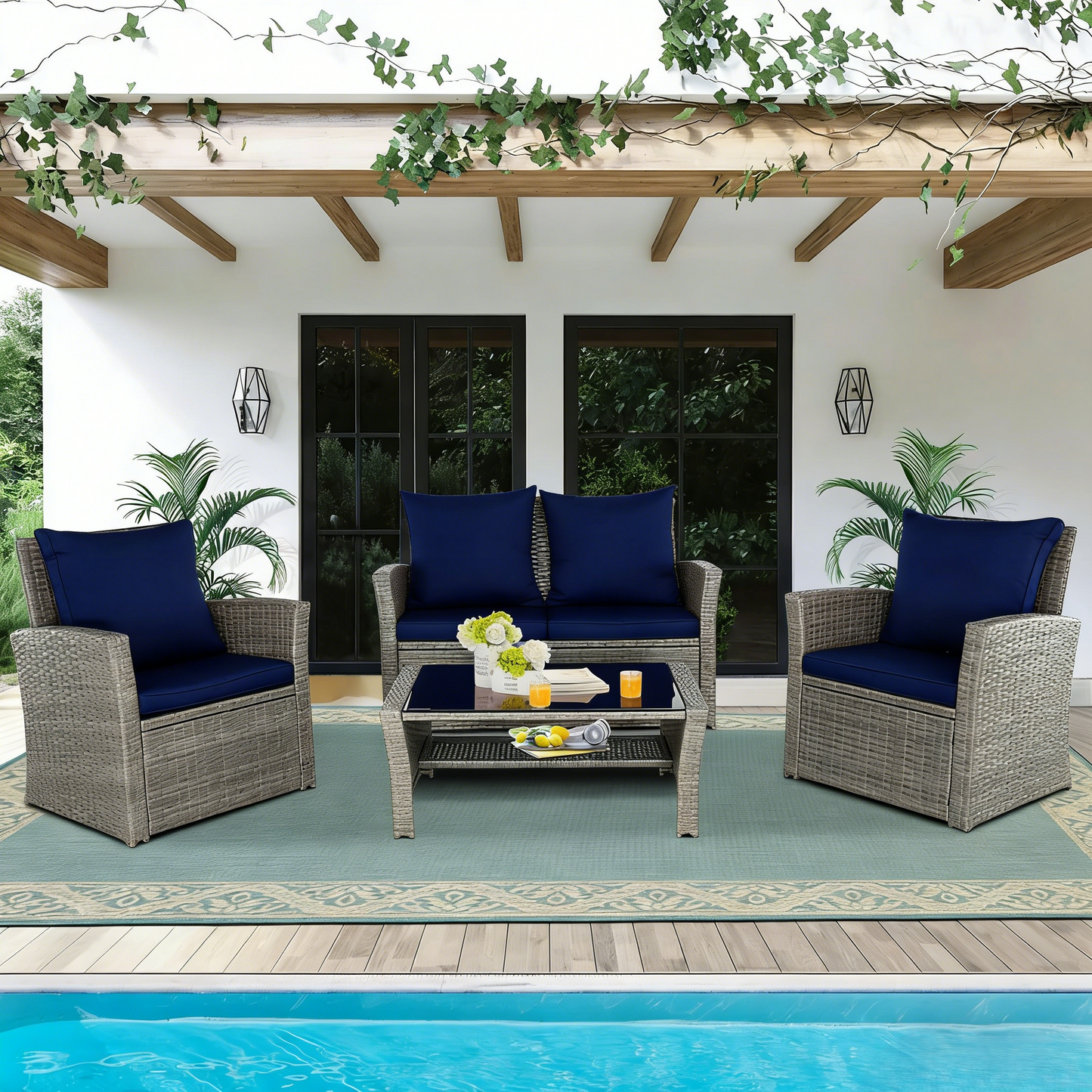 4-Piece Outdoor Rattan Patio Furniture Set Wicker Chairs Table w/ Cushions