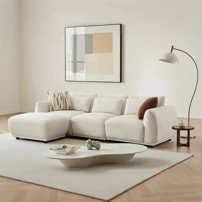 102" Modern Teddy Fabric L-Shaped Sofa, Coil Spring Seat, Off White / Black