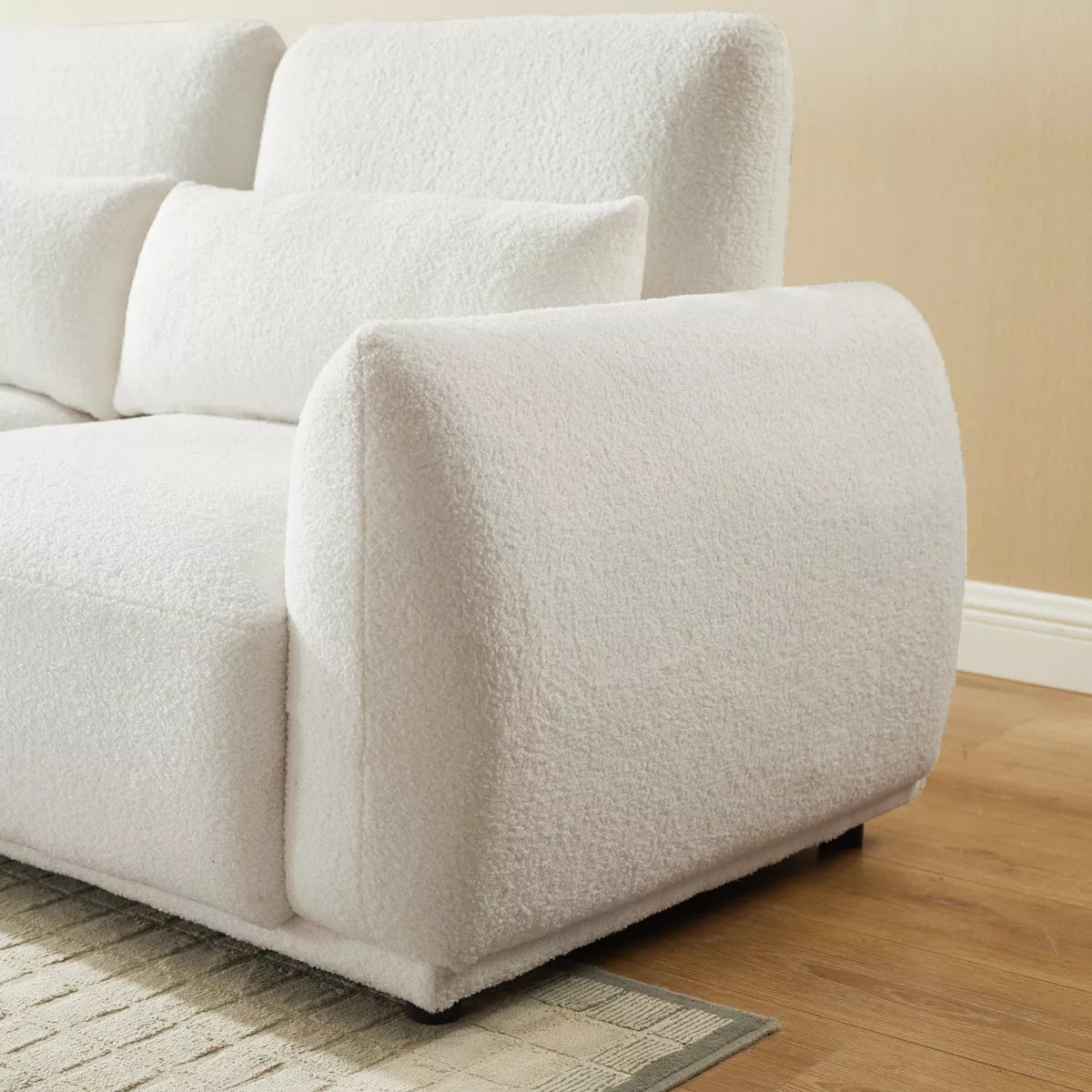 102" Modern Teddy Fabric L-Shaped Sofa, Coil Spring Seat, Off White / Black